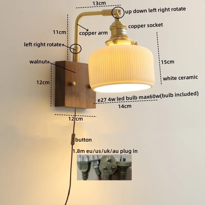 Afralia™ Walnut Ceramic LED Wall Lamp Pull Chain Switch - Modern Bathroom Mirror Light