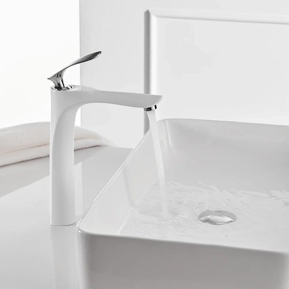 Afralia™ White Basin Faucet with Gold Finish, Hot and Cold Water Mixer Tap
