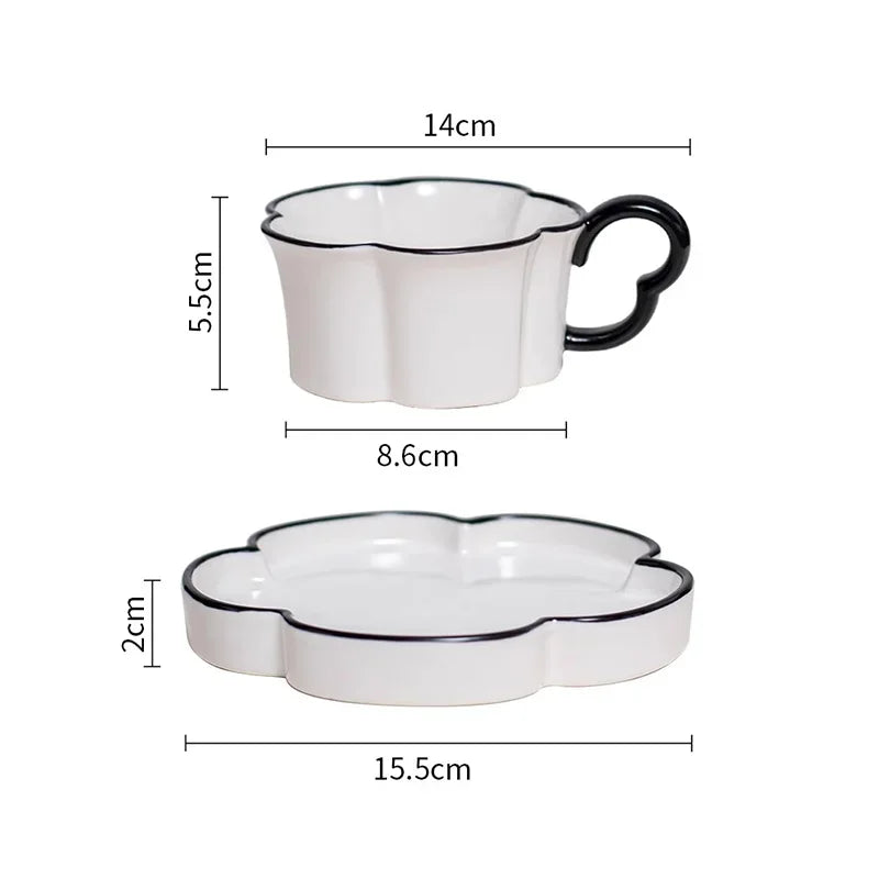 Afralia™ Black Edged Flower Mug Set - Ceramic Cup & Saucer for Tea, Coffee, and Juice