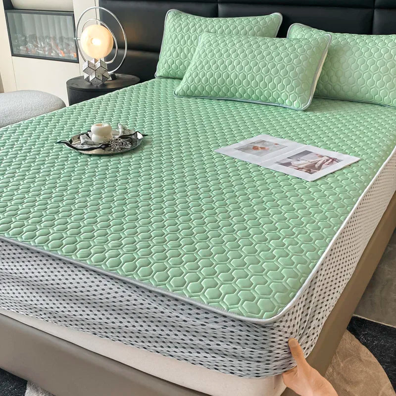 Afralia™ Queen Size Cooling Fitted Sheet Set - Soft Latex Ice Silk Mat & Pillowcase