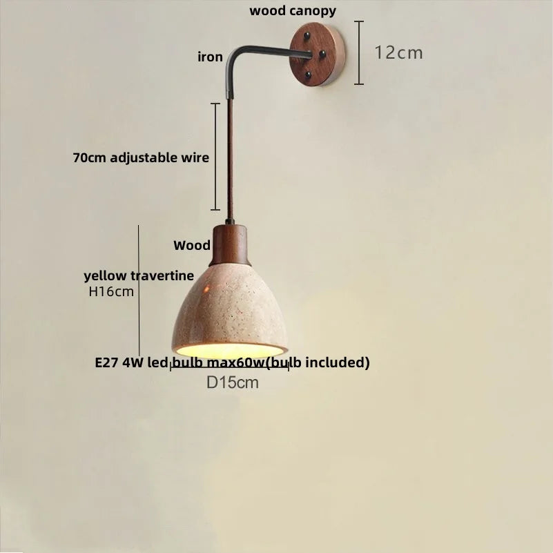 Afralia™ Yellow Travertine LED Wall Sconce Pull Chain Switch, Nordic Modern Wood Mirror Light