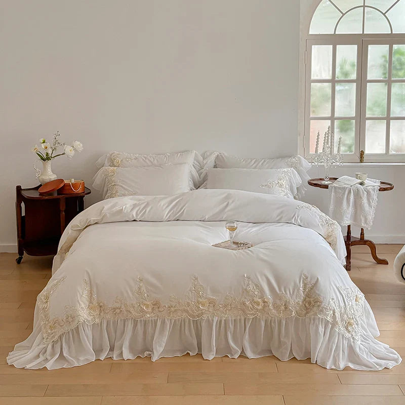 Afralia™ French Rose Flowers Lace Wedding Bedding Set with Ruffles