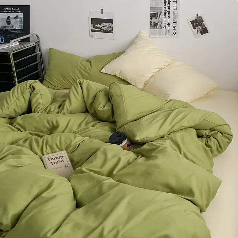 Afralia™ Washed Cotton Bed Set - Soft & Breathable 4-Piece Solid Color Duvet Cover Bed Sheet