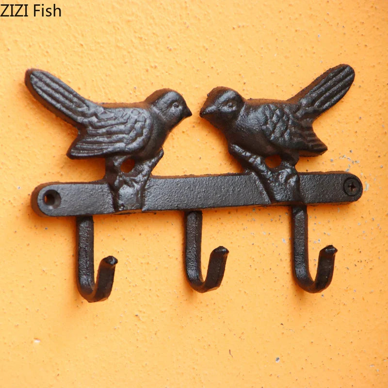 Afralia™ Bird Hook Wall Shelf | Black Iron Coat Rack for Vintage Outdoor Decor