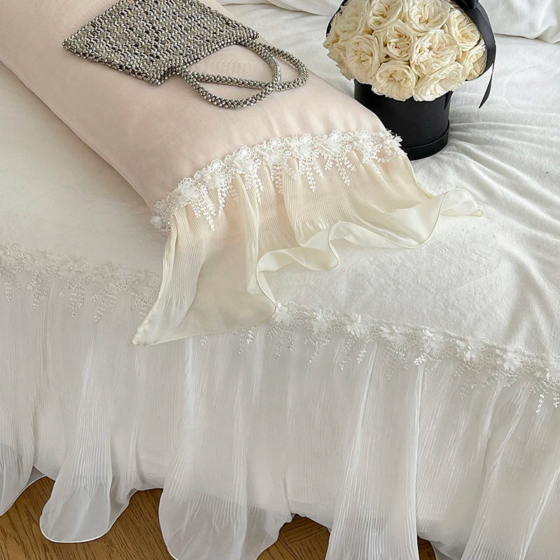 Afralia™ Romantic Lace Ruffles Bedding Set with Flowers Embroidery