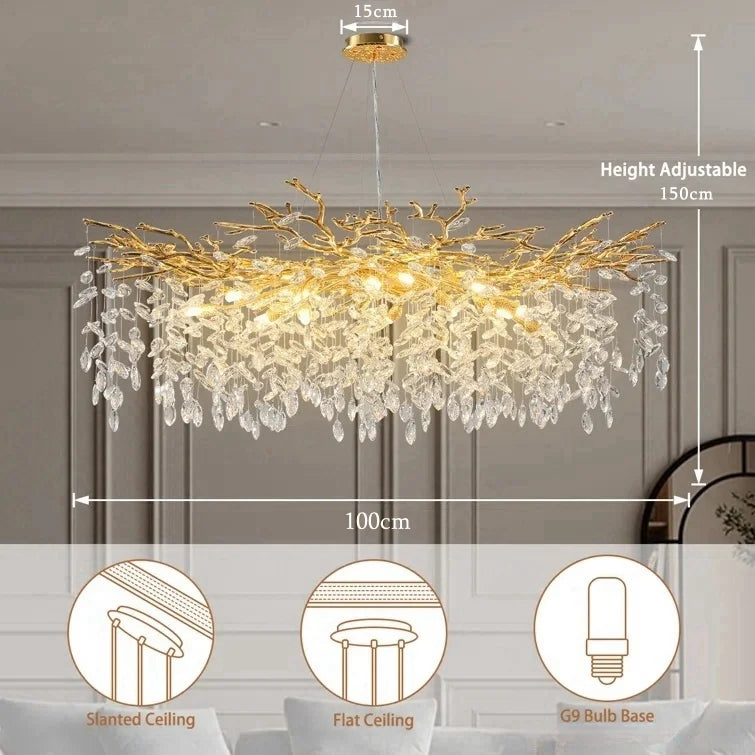 Afralia™ Black Branch Crystal Chandelier - Modern Rectangular Pendant Light for Dining Room-Living Room-Kitchen