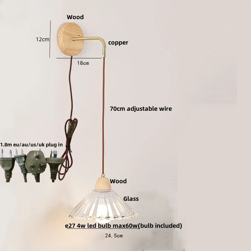 Afralia™ Wood Glass LED Wall Light with Pull Chain Switch