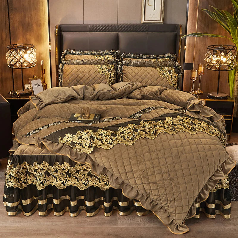Afralia™ Black Gold Luxury Crystal Velvet Bedding Set with Quilted Embroidery & Ruffles