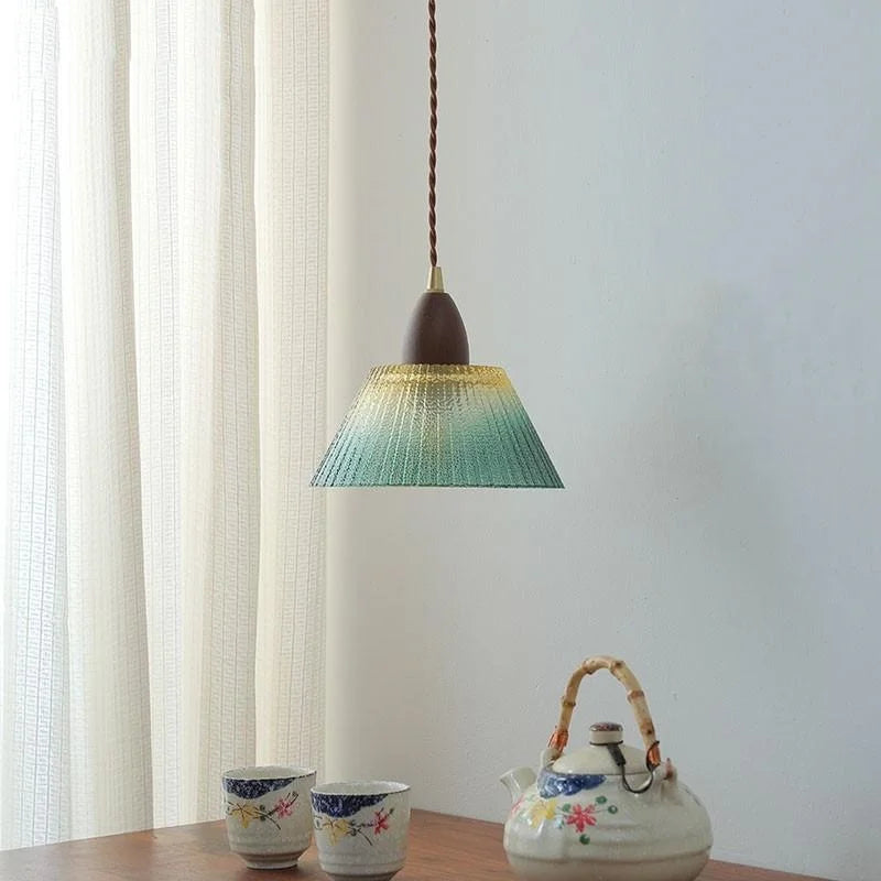 Afralia™ Walnut Wood LED Pendant Lamp Green Glass Modern Interior Hanging Light