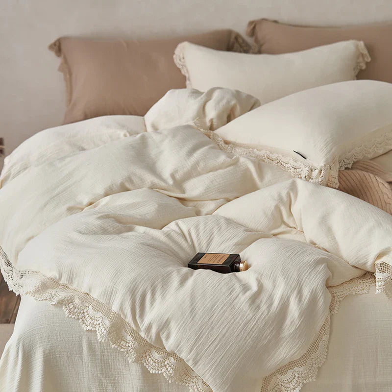 Afralia™ Vintage Lace Edge Cotton Bedding Set: Duvet, Sheets, Pillowcases