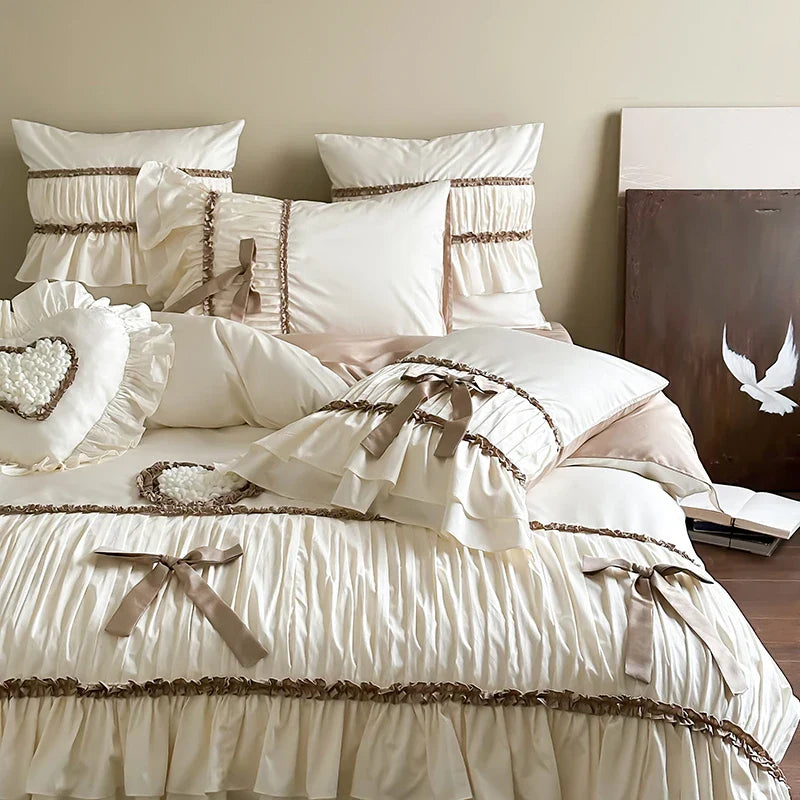 Afralia™ Romantic Bow Pleat Lace Ruffles Bedding Set Silky Duvet Cover Sheet Pillowcase