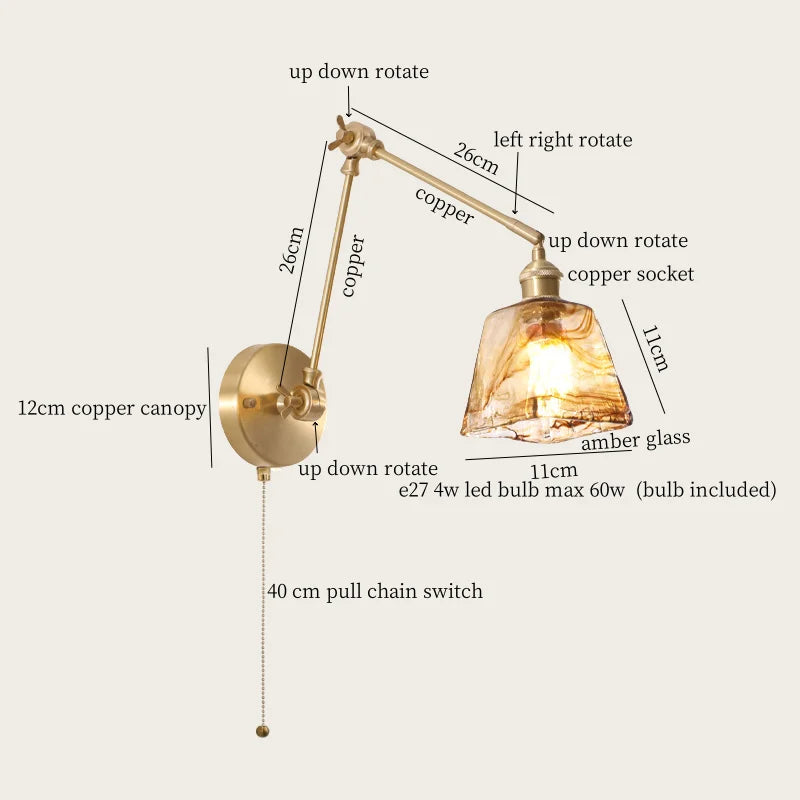 Afralia™ Copper Vintage LED Wall Sconce with Pull Chain for Stair, Loft, Bathroom, Bedroom