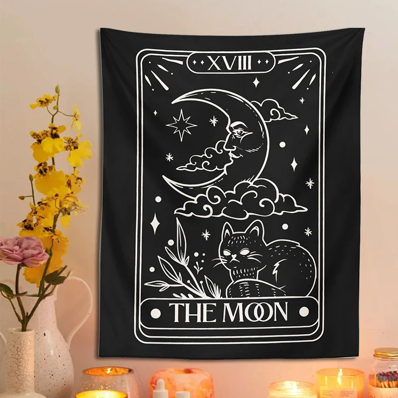 Moon Cat Tapestry Wall Hanging for Mystic Aesthetic by Afralia™