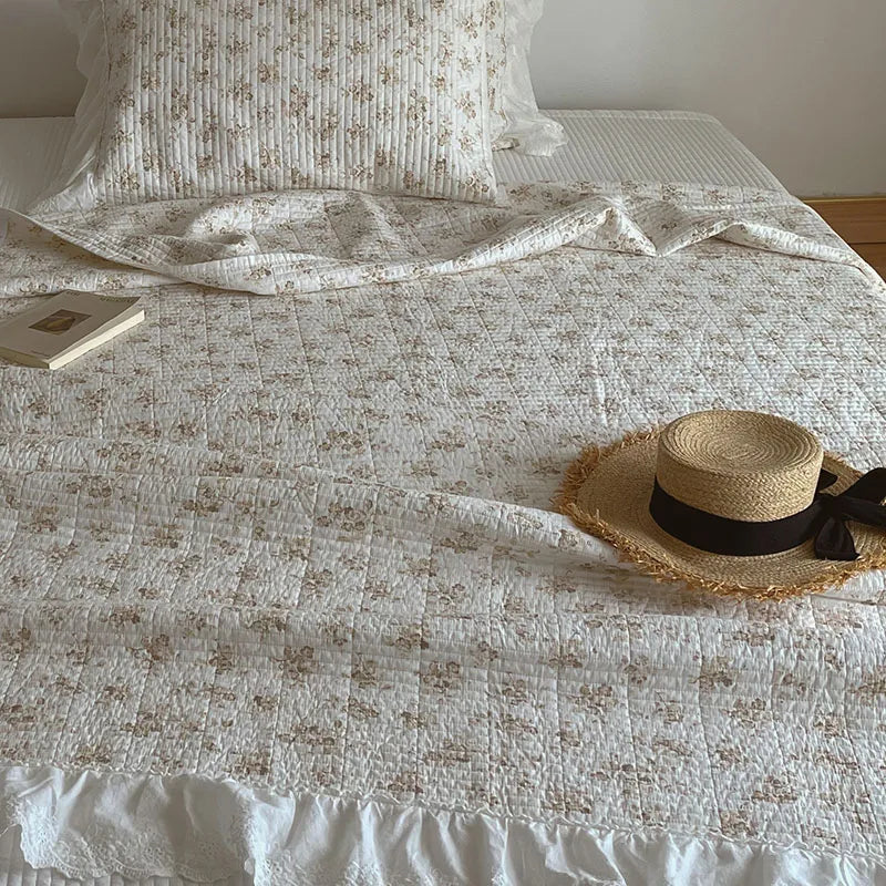 Afralia™ Floral Lace Ruffles Cotton Bedspread Set with Quilted Design & Pillowcases