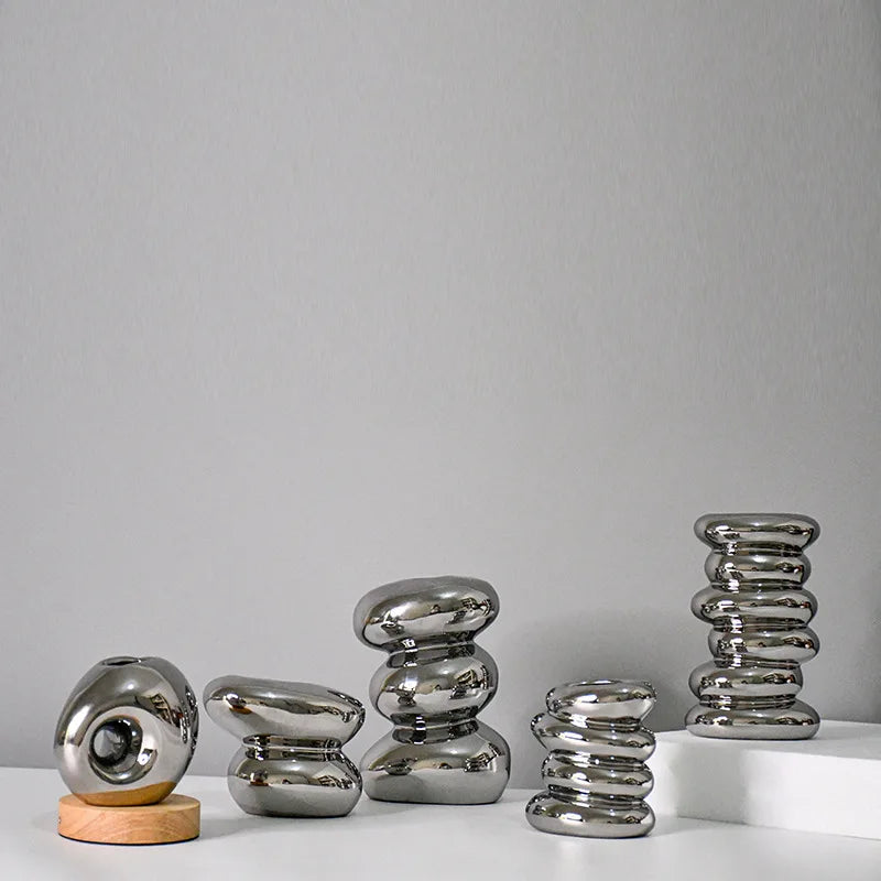 Afralia™ Silver Pebble Ceramic Geometric Vase for Floral Arrangement and Room Decoration