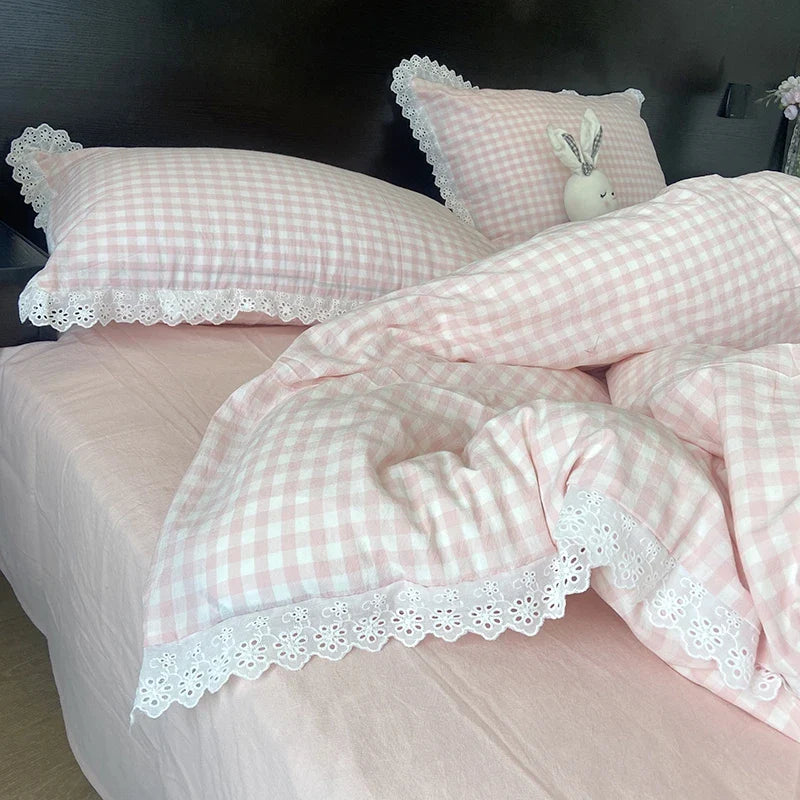Afralia™ Vintage Lace Cotton Quilt Cover Set, Plaid Design, Black & White, 4Pcs