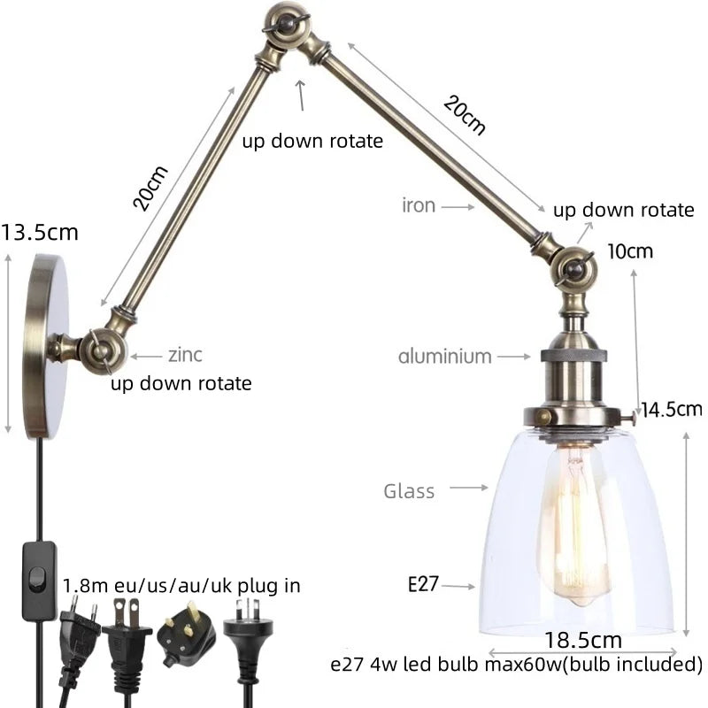 Afralia™ Loft LED Industrial Swing Arm Lamp with Clear Glass Mirror Light