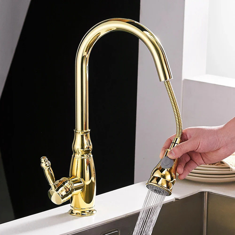Afralia™ Gold Kitchen Sink Mixer Faucet with Pull Out Spray Head Rotation - WF-4118