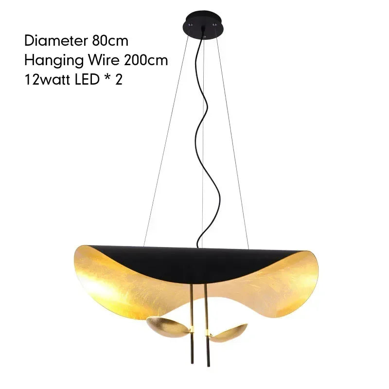 Afralia™ Lederam Manta Pendant: Industrial Black & Gold Ceiling Light with Lotus Leaf Design