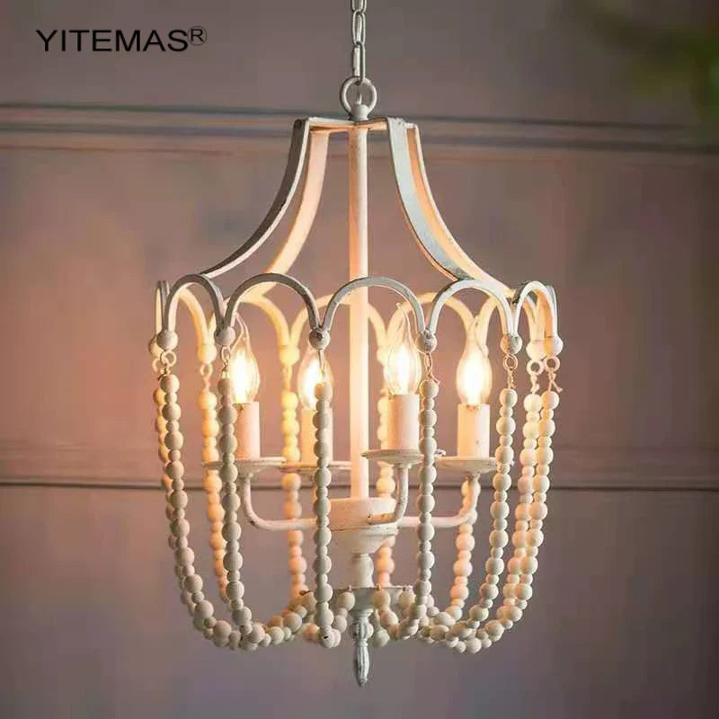 Afralia™ Vintage White Wooden Beads Chandelier French Country Dining Room Lighting