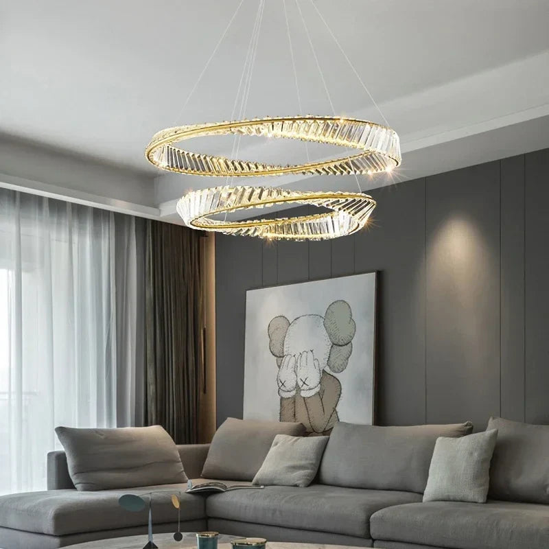 Afralia™ Luxury Gold LED Crystal Pendant Chandelier for Living & Dining Room Lighting