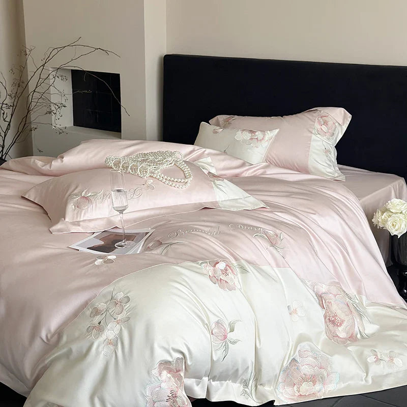 Afralia™ Pink Flowers Embroidery Luxe Bedding Set: 1000TC Egyptian Cotton Duvet Cover, Bed Sheet, Pillowcases