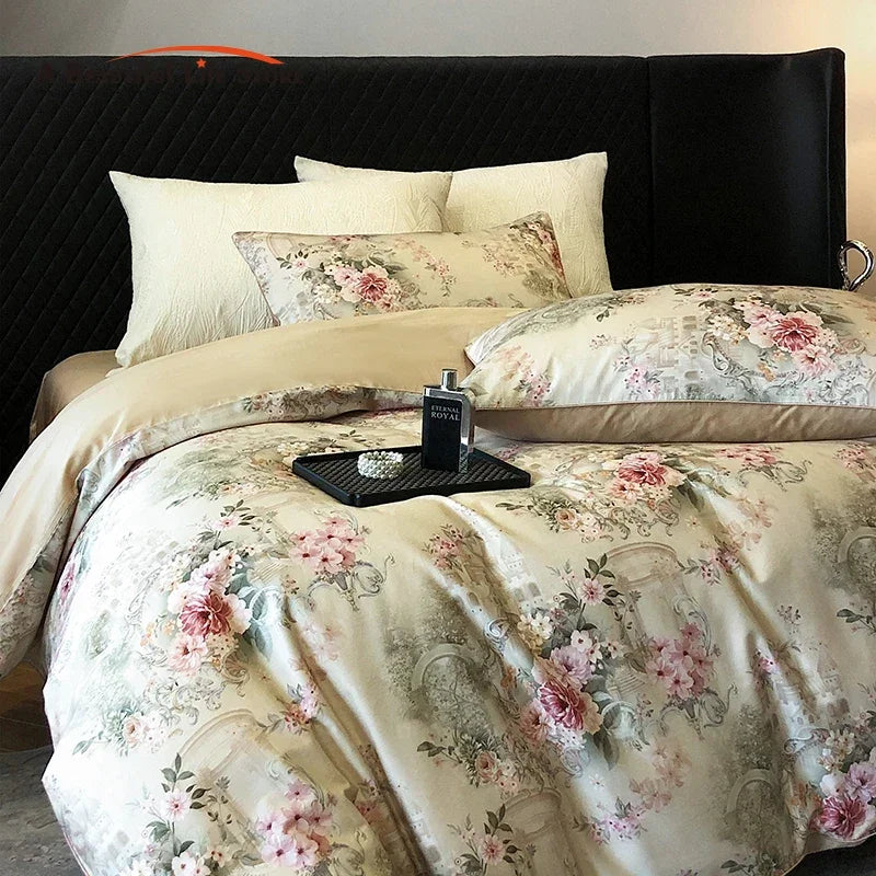 Afralia™ 1000TC Vintage Flowers Print Bedding Set with Duvet Cover, Sheet, Pillowcases