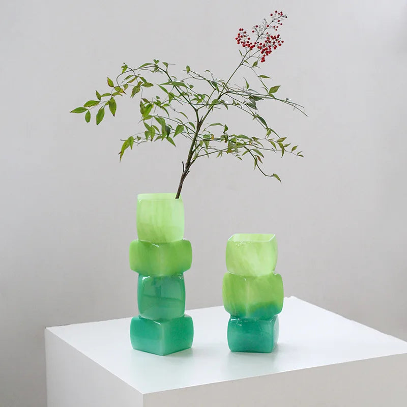 Afralia™ Square Geometric Glass Vase Gradient Color Flower Arrangement Home Decor