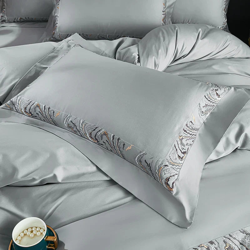 Afralia™ Zebra Print Embroidery Bedding Set 800TC Egyptian Cotton Grey Orange, Duvet Cover Flat Sheet Pillowcases