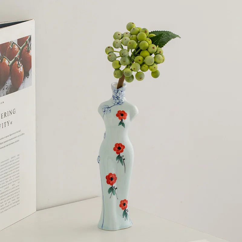 Afralia™ Retro Cheongsam Ceramic Vase Human Figure Maid Home Decor