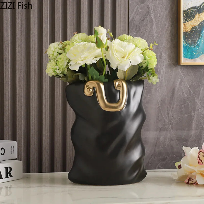 Afralia™ Ceramic Bag Vase with Artificial Flowers for Modern Home Decor