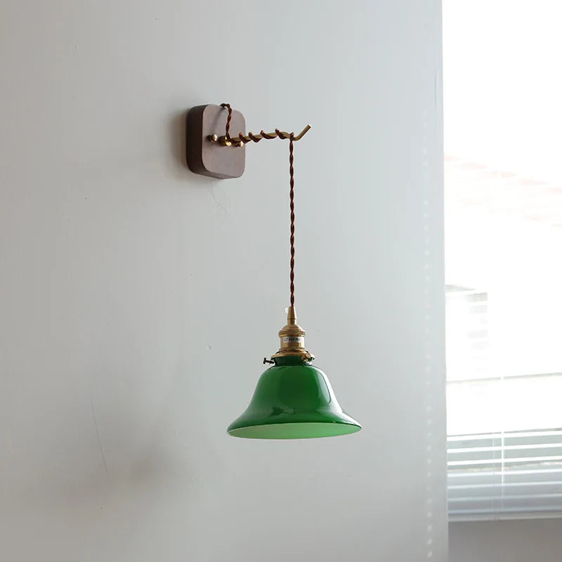 Afralia™ Walnut Canopy Green Glass LED Wall Light Fixture Hardwire Pull Chain Switch