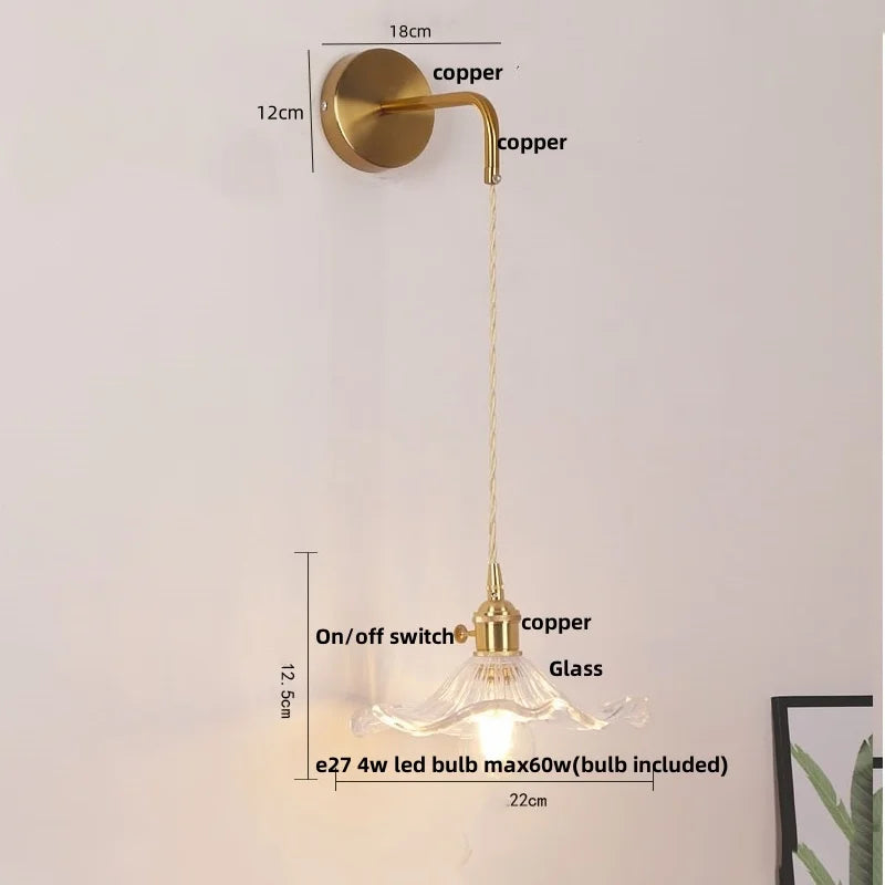 Afralia™ Copper LED Glass Wall Sconce with Pull Chain Switch for Living Dining Room