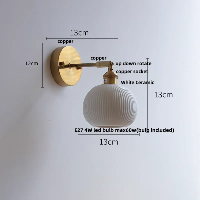Afralia™ Copper Canopy LED Wall Sconce, White Ceramic Bedside Light for Bedroom, Modern Nordic Design