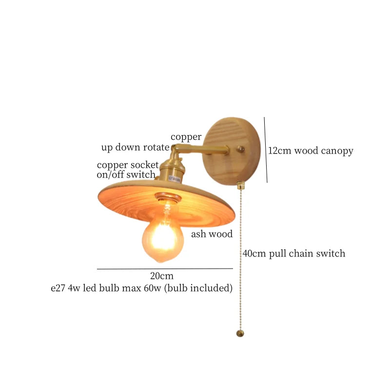 Afralia™ Nordic Wood LED Wall Lamp Pull Chain Switch for Home Decor & Lighting
