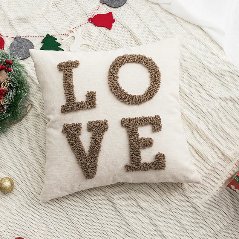 Afralia™ Tufted Embroidered Nordic Christmas Cushion Cover Set with Festive Beige White Design