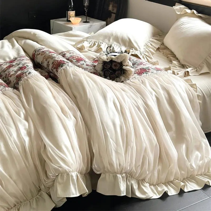 Afralia™ Chic Flowers Jacquard Cotton Bedding Set with Ruffles
