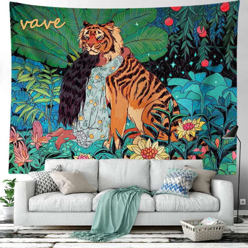 Afralia™ Psychedelic Tiger Tapestry Wall Hanging - Mysterious Flower Jungle Moon Landscape