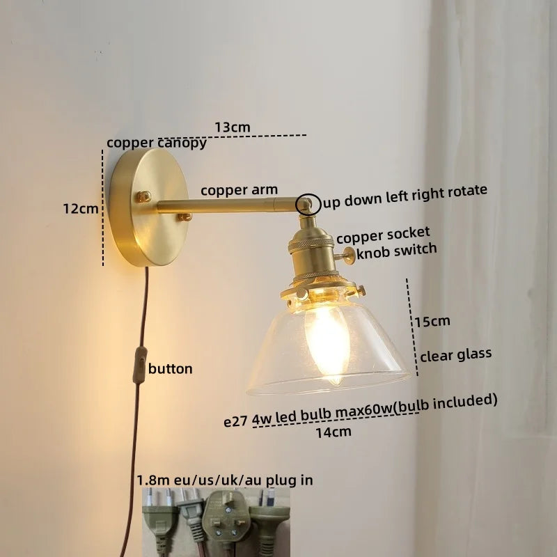 Afralia™ Copper Glass LED Wall Sconce Pull Chain Switch Modern Stair Light Fixtures