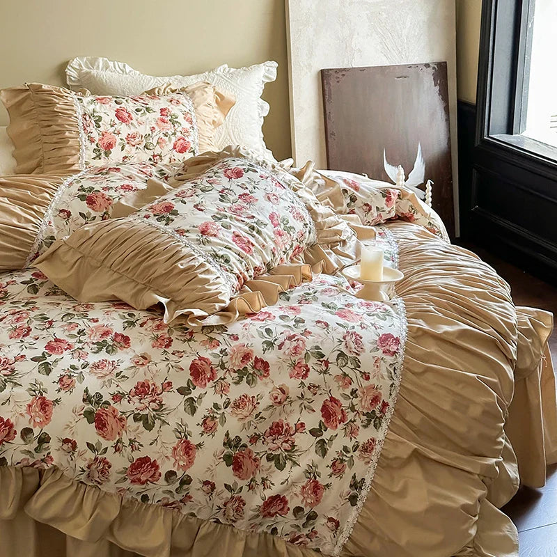 Afralia™ Vintage Floral Lace Ruffles Bedding Set, 100% Cotton, Duvet, Sheets, Pillowcases