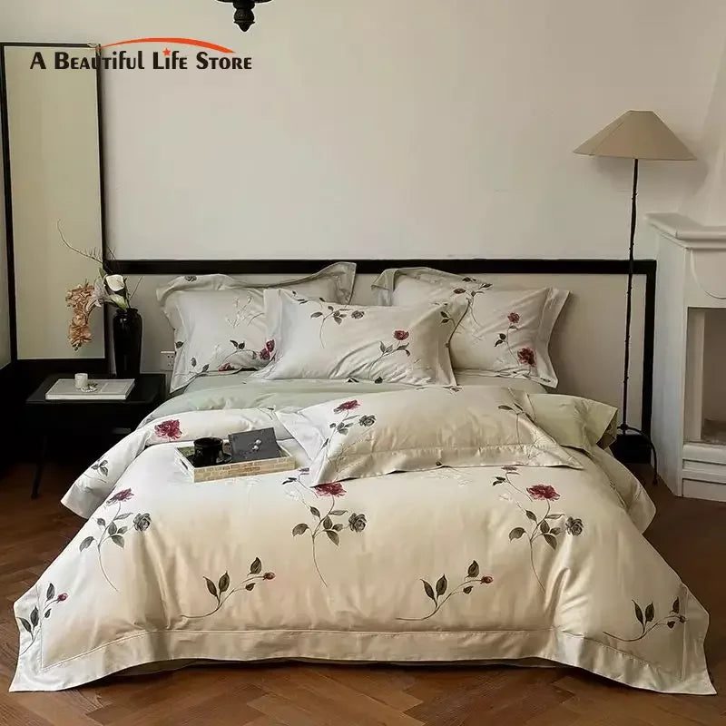 Afralia™ Vintage Rose Flowers Bedding Set, 1000TC Egyptian Cotton, 4Pcs