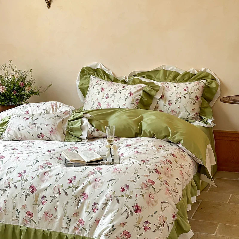 Afralia™ Rose Flowers Ruffles Princess Bedding Set 1000TC Egyptian Cotton Duvet Cover Sheets Pillowcases