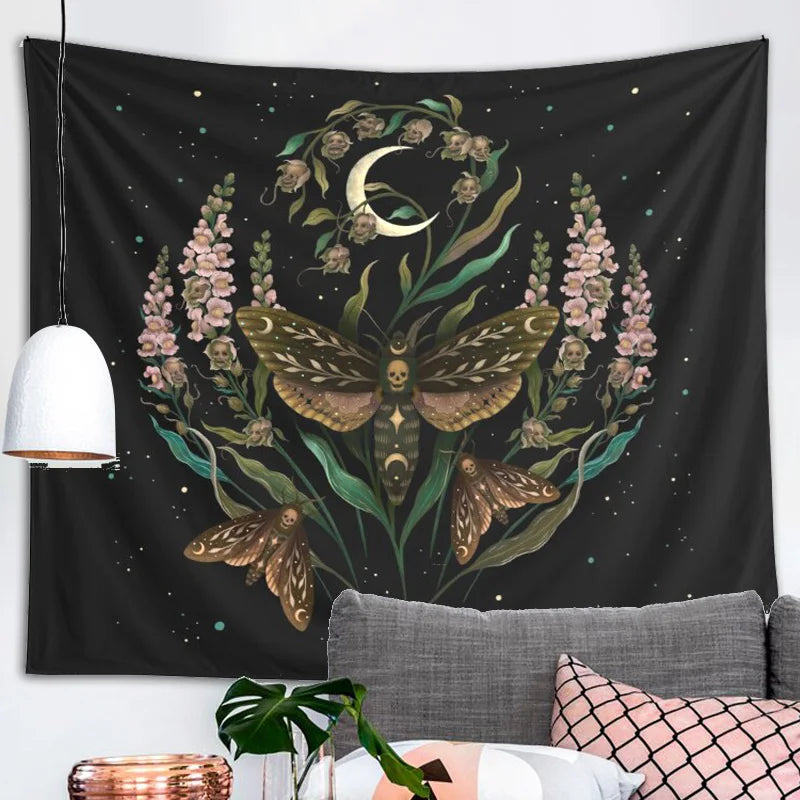 Afralia™ Death's Head Tapestry Wall Hanging Moon Flower Trippy Carpet Dorm Room Decor