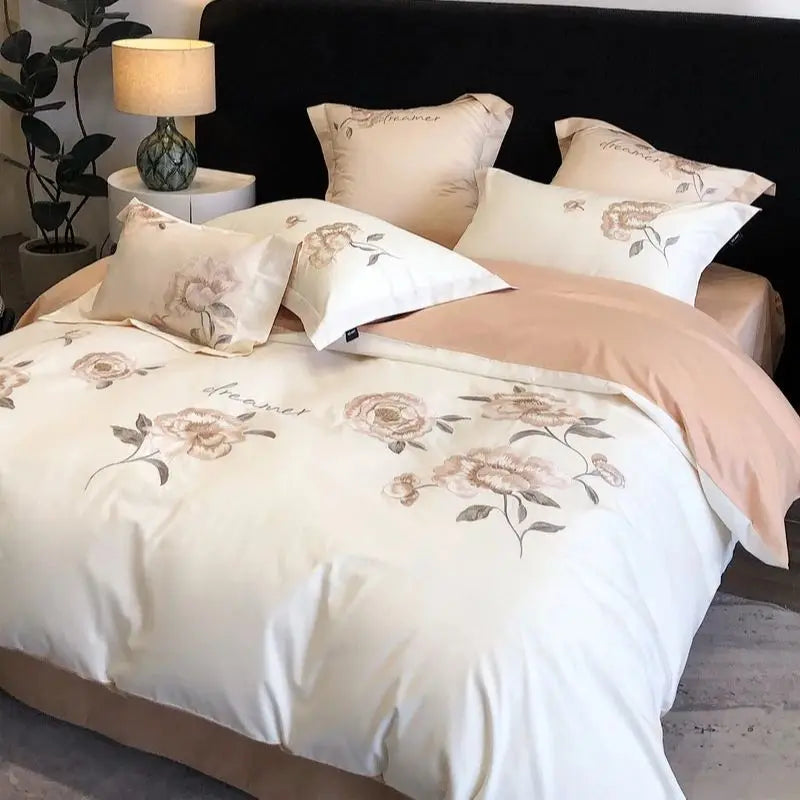 Afralia™ Flowers Embroidery Cotton Bedding Set Duvet Cover Flat Sheet Pillowcases 4Pcs