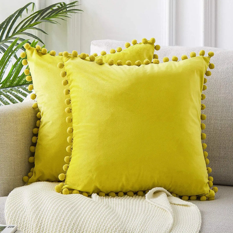 Afralia™ Velvet Cushion Cover with Pompon - Solid Color Plush Sofa Pillowcase