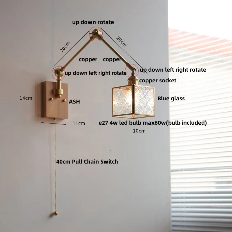 Afralia™ Ash Wood LED Swing Arm Wall Light with Pull Chain Switch & Blue Glass