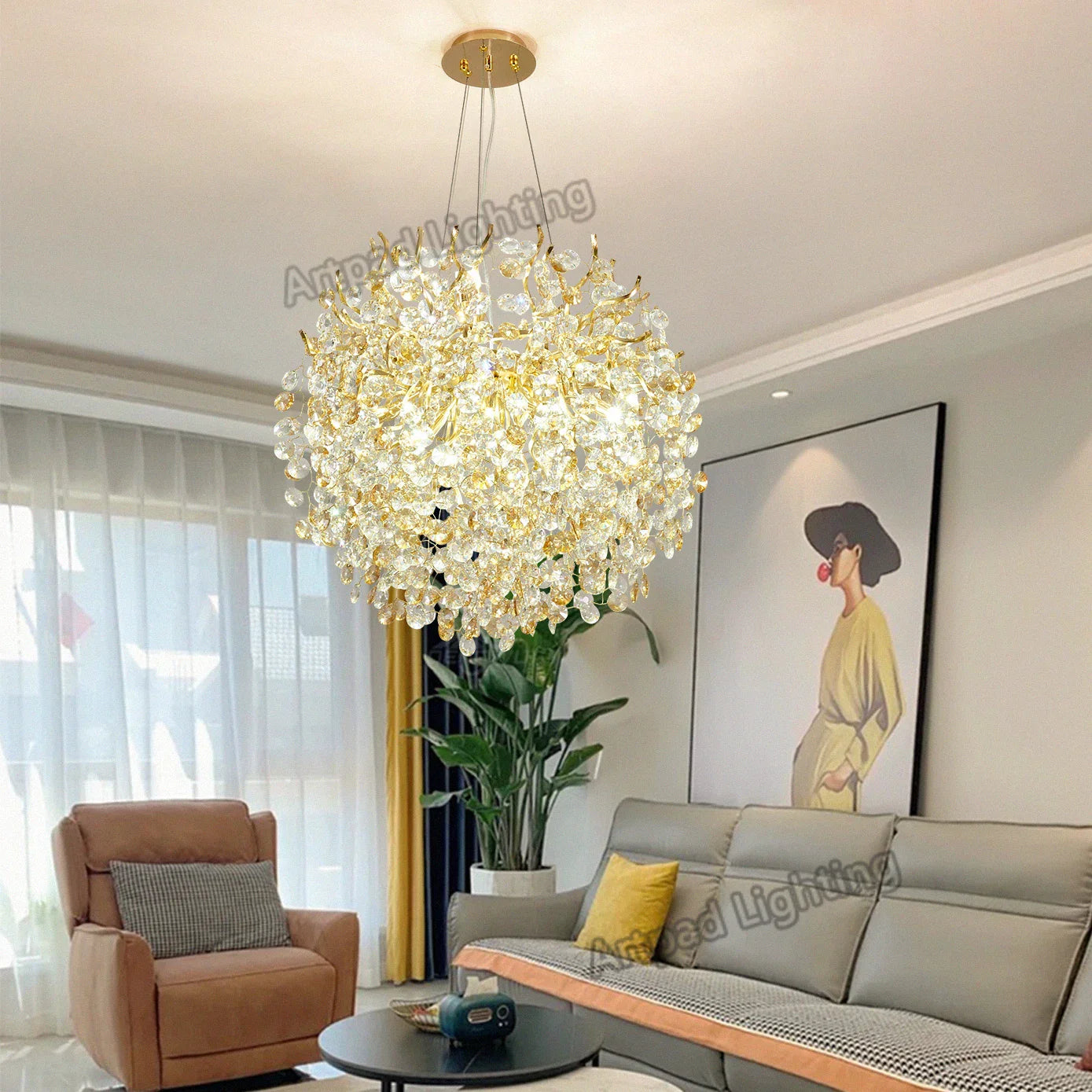 Afralia™ Gold Crystal Ceiling Chandelier: Luxury Lighting for Living Room, Dining Room, Bedroom.