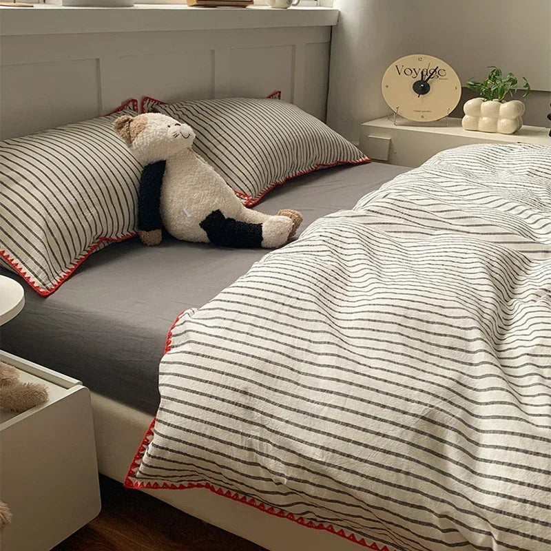 Afralia™ Striped Shell Edge Bedding Set | Cozy Washed Cotton Fitted Sheet Set