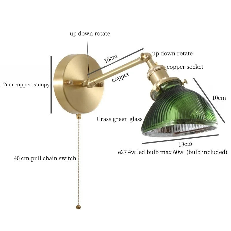 Afralia™ Green Glass LED Wall Sconce, Pull Chain Switch, for Bedside, Bathroom, Living Room