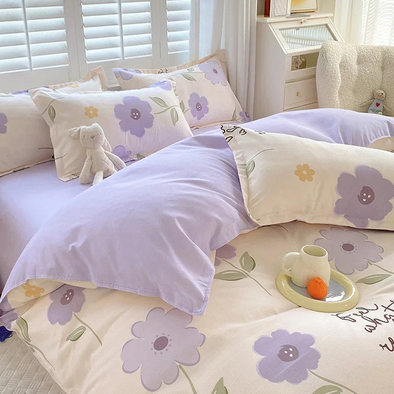 Afralia™ Twill Fabric Bed Sheet Set: Double-Sided Color Blocking, Flower Print Quilt Cover